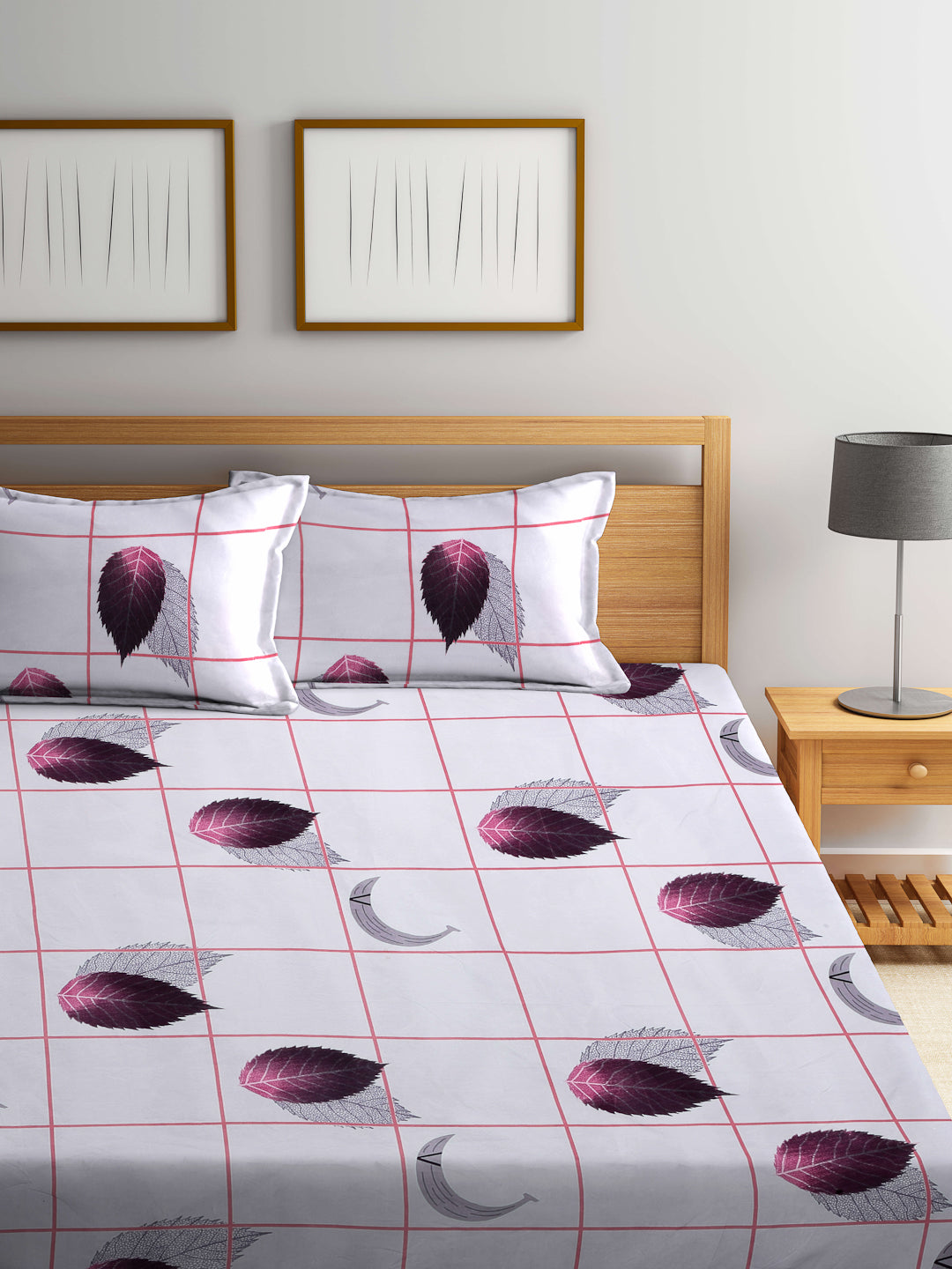 Arrabi Grey Leaf TC Cotton Blend King Size Bedsheet with 2 Pillow Covers (250 X 220 cm)