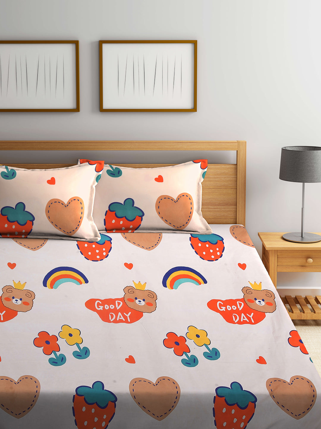 Arrabi Multi Cartoon TC Cotton Blend King Size Fitted Bedsheet with 2 Pillow Covers (250 X 215 Cm )