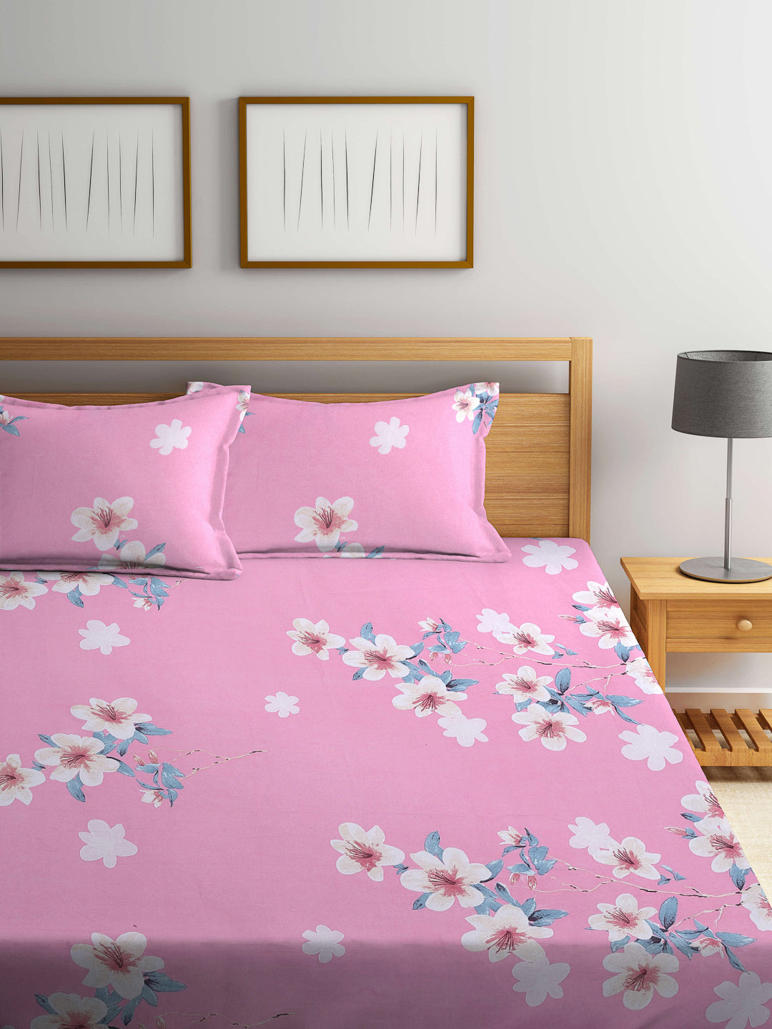 Arrabi Pink Floral TC Cotton Blend King Size Fitted Bedsheet with 2 Pillow Covers (250 X 220 Cm )
