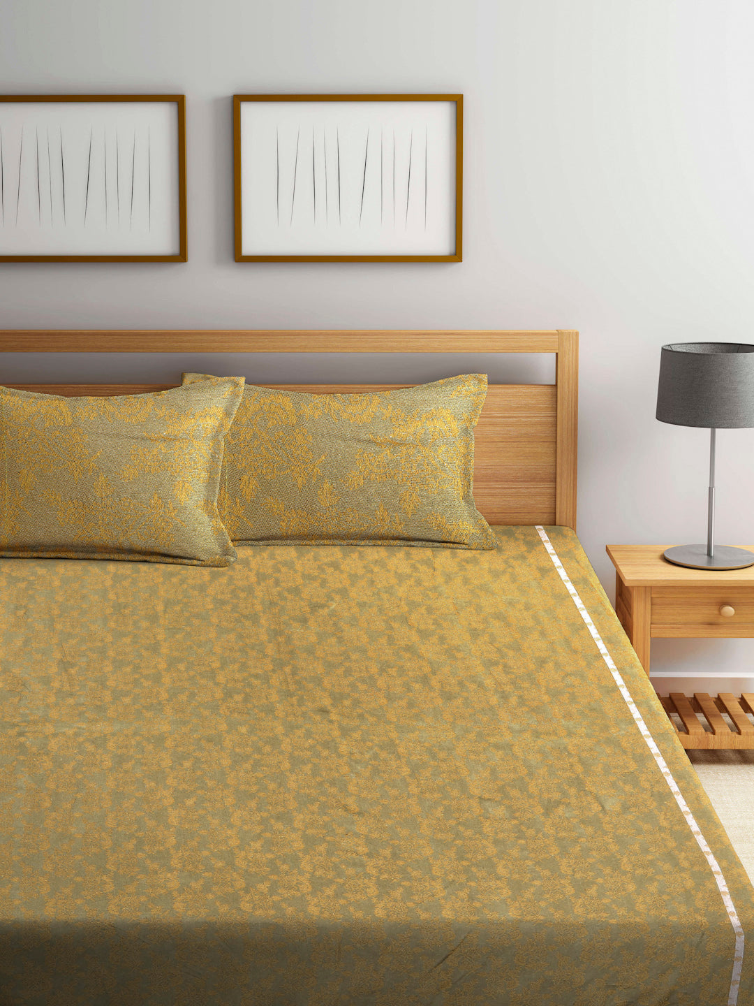 Arrabi Yellow Floral Handwoven Cotton King Size Bedsheet with 2 Pillow Covers (260 X 230 cm)