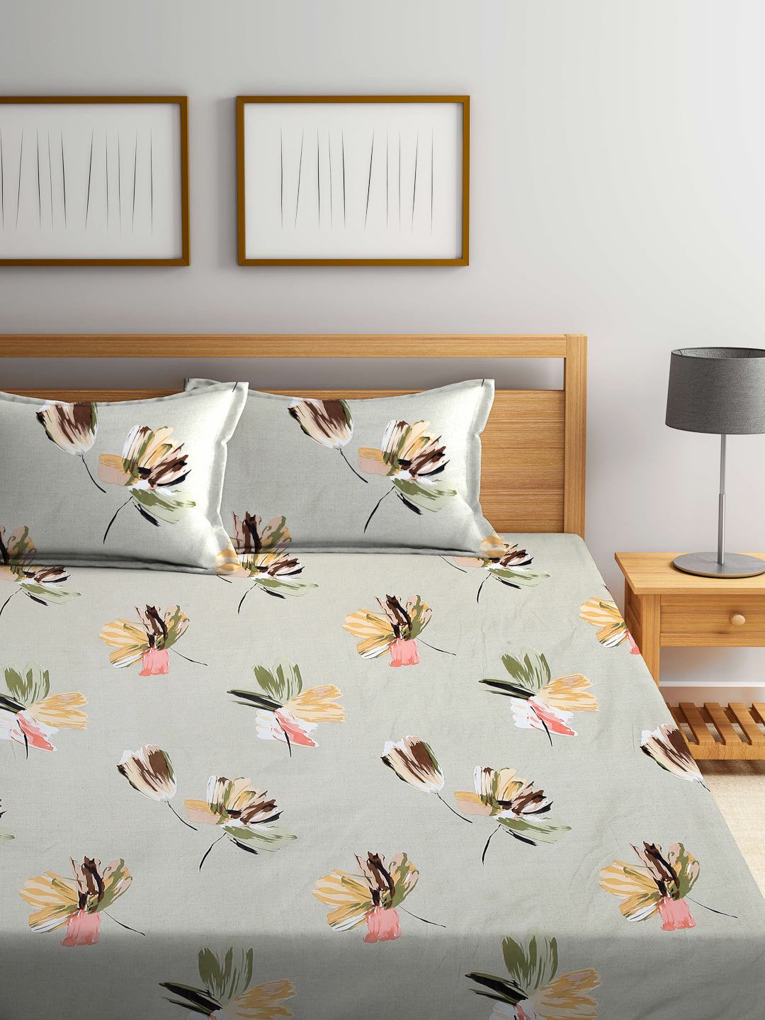 Arrabi Green Floral TC Cotton Blend King Size Fitted Bedsheet with 2 Pillow Covers (250 X 220 Cm )