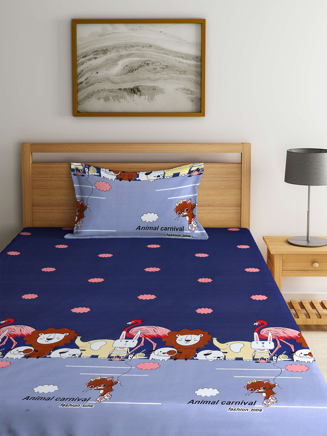 Arrabi Blue Animal TC Cotton Blend Single Size Bedsheet with 1 Pillow Cover (225 x 150 cm)