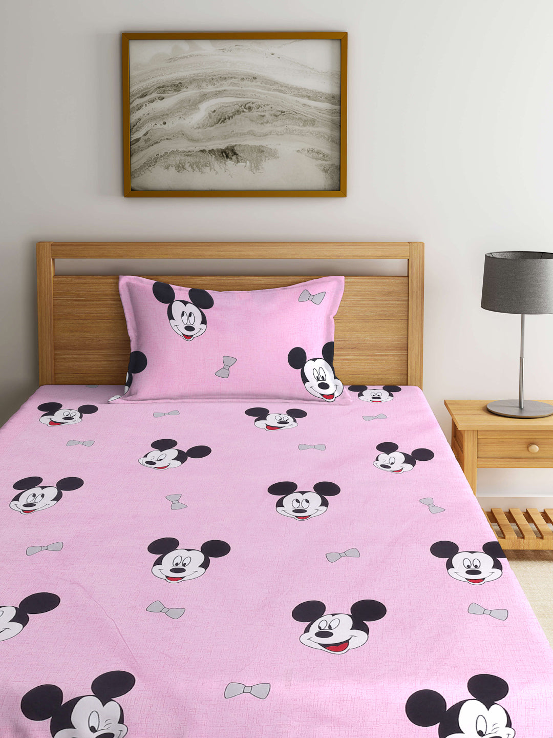 Arrabi Pink Cartoon TC Cotton Blend Single Size Bedsheet with 1 Pillow Cover (220 X 150 cm)