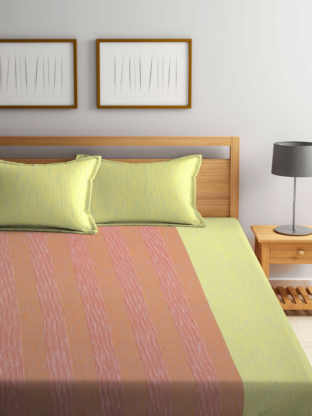 Arrabi Yellow Stripes Handwoven Cotton King Size Bedsheet with 2 Pillow Covers (260 X 230 cm)
