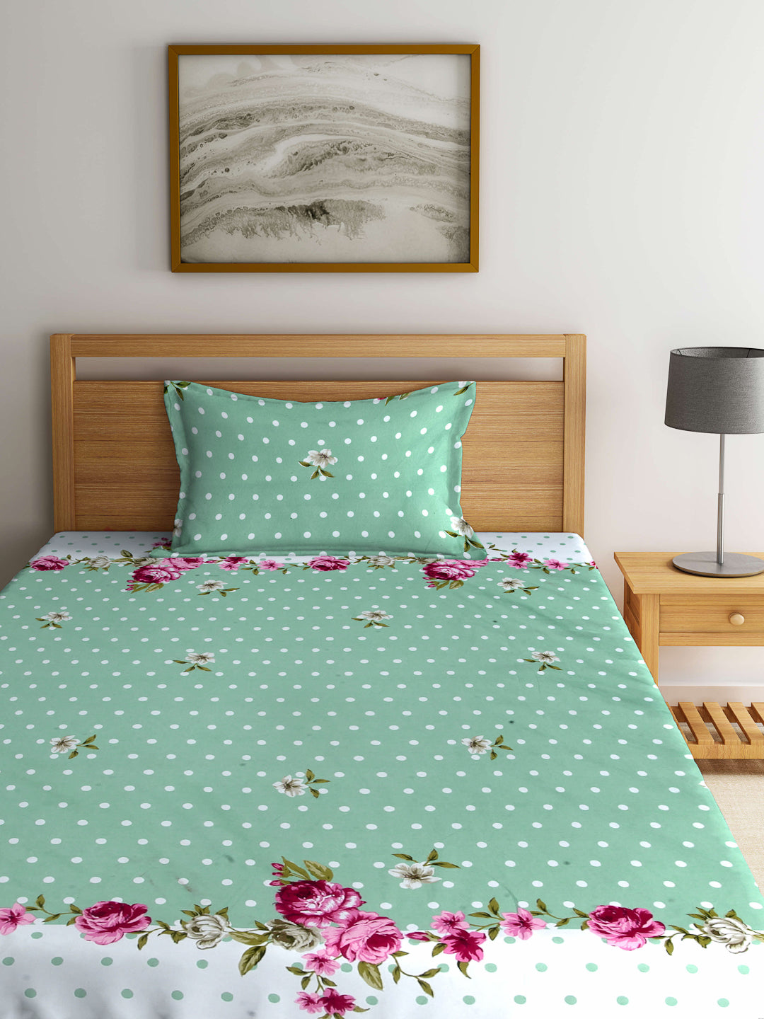 Arrabi Green Floral TC Cotton Blend Single Size Fitted Bedsheet with 1 Pillow Cover (220 X 150 cm)
