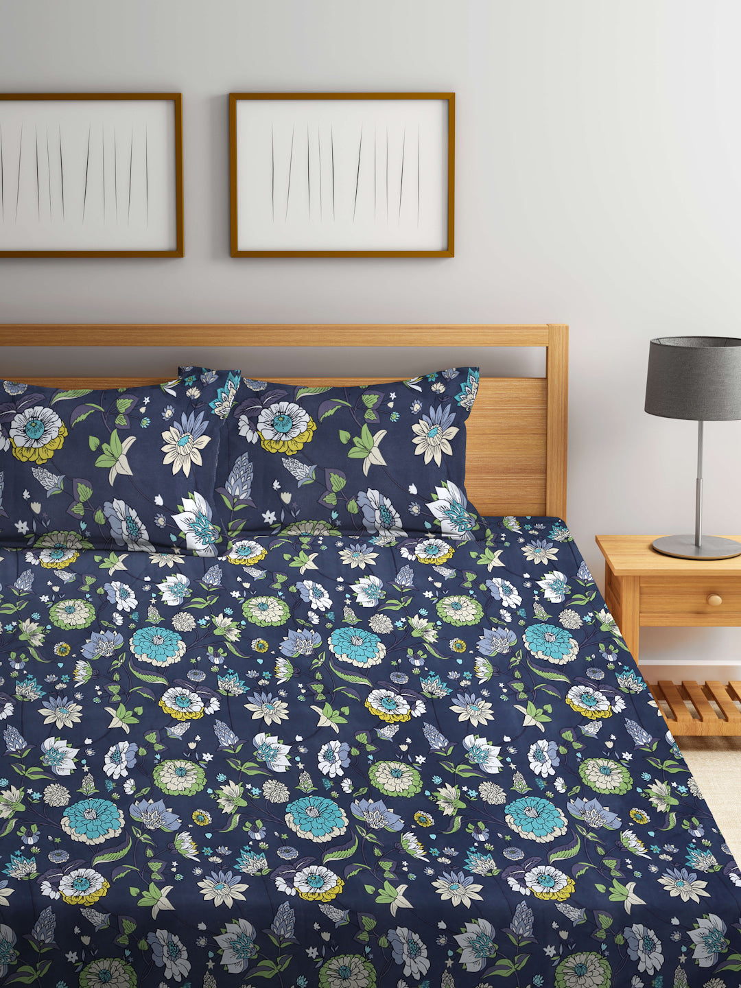 Arrabi Grey Floral TC Cotton Blend Super King Size Fitted Bedsheet with 2 Pillow Covers(270 X 260 Cm )