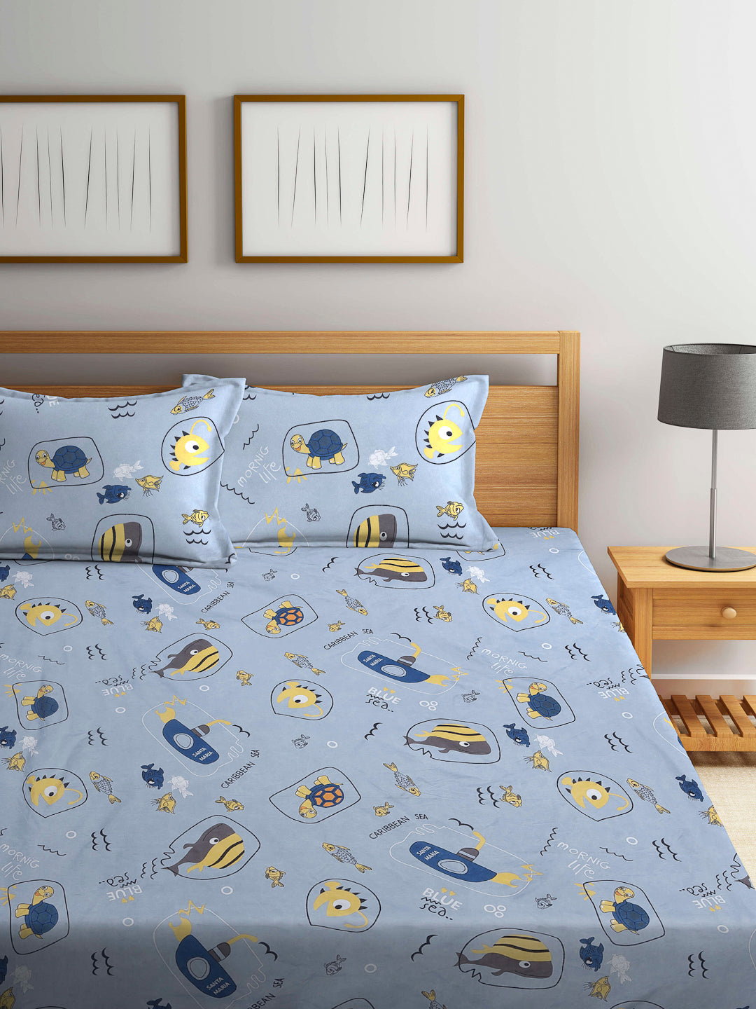 Arrabi Grey Cartoon TC Cotton Blend Double Size Bedsheet with 2 Pillow Covers