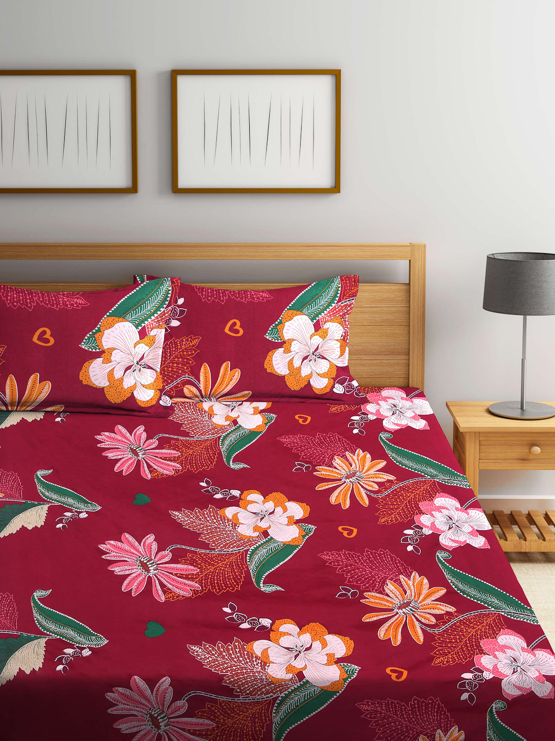 Arrabi Red Floral TC Cotton Blend Double Size Bedsheet with 2 Pillow Covers