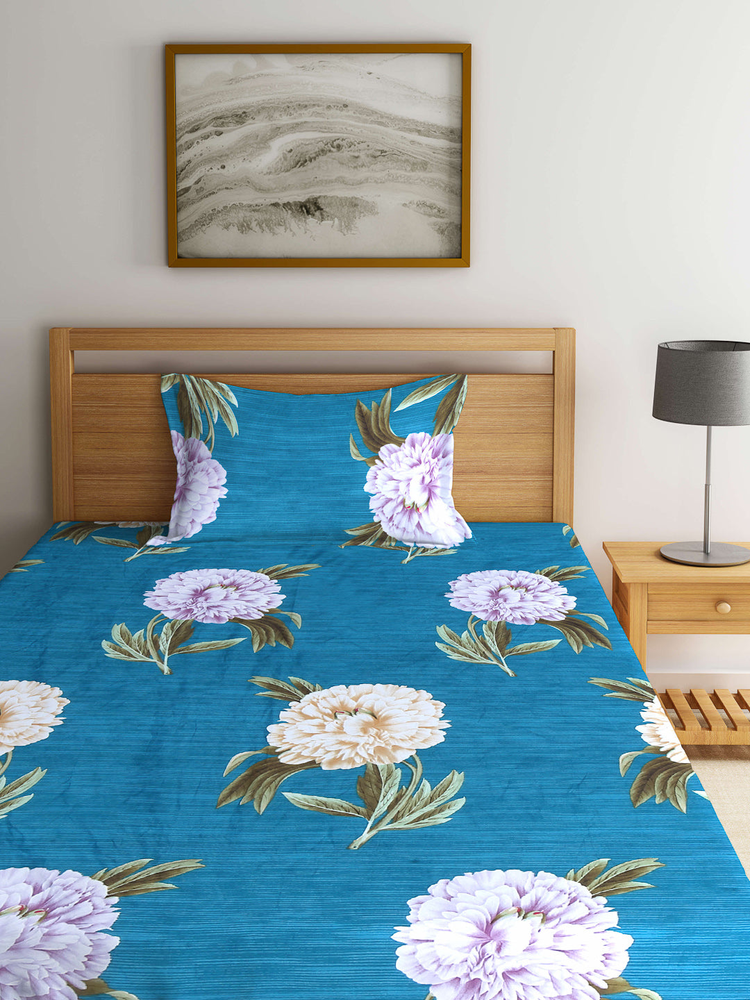 Arrabi Teal Floral TC Cotton Blend Single Size Bedsheet with 1 Pillow Cover (220 X 150 cm)