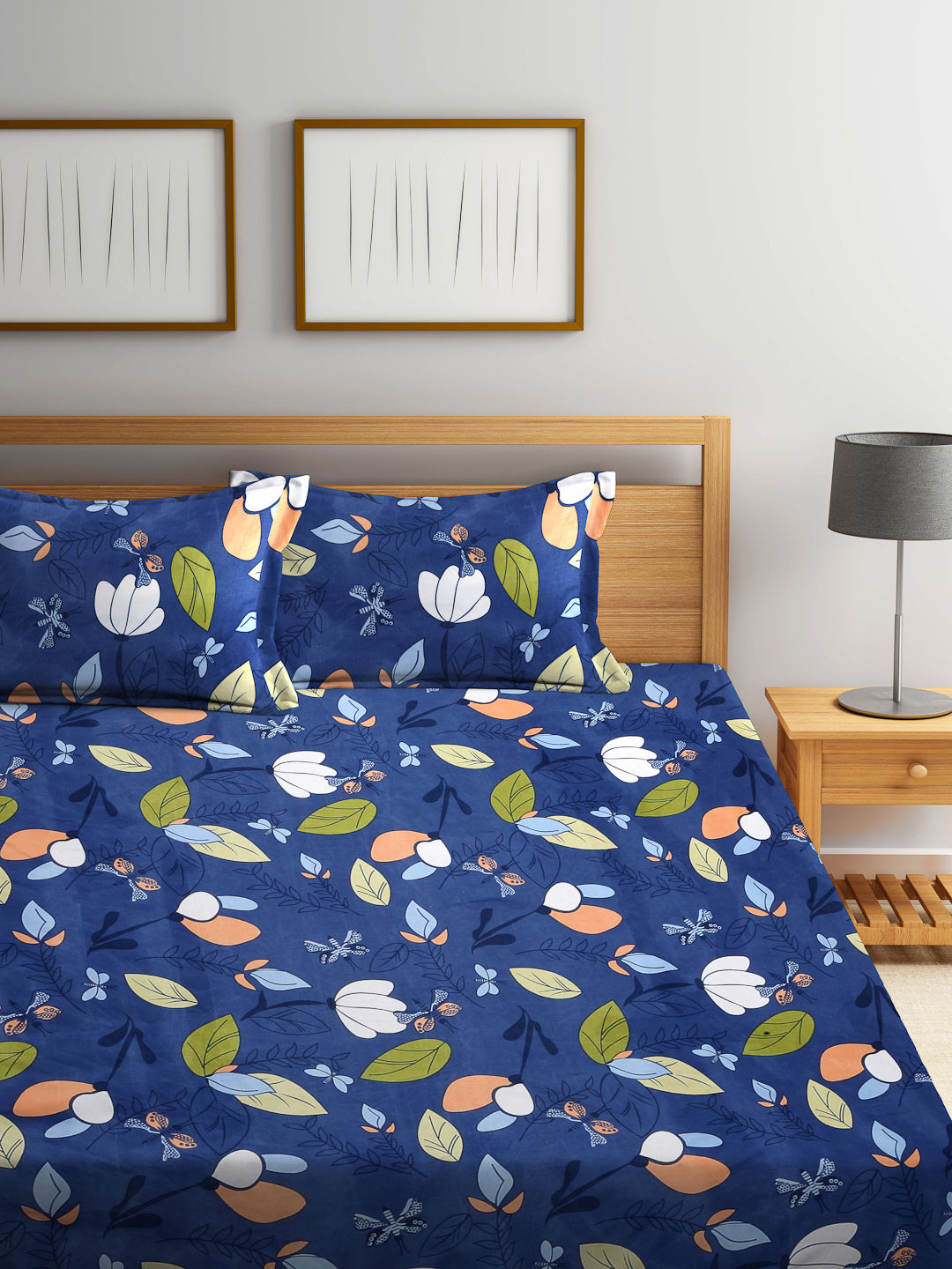 Arrabi Blue Leaf TC Cotton Blend Super King Size Bedsheet with 2 Pillow Covers (270 X 260 cm)