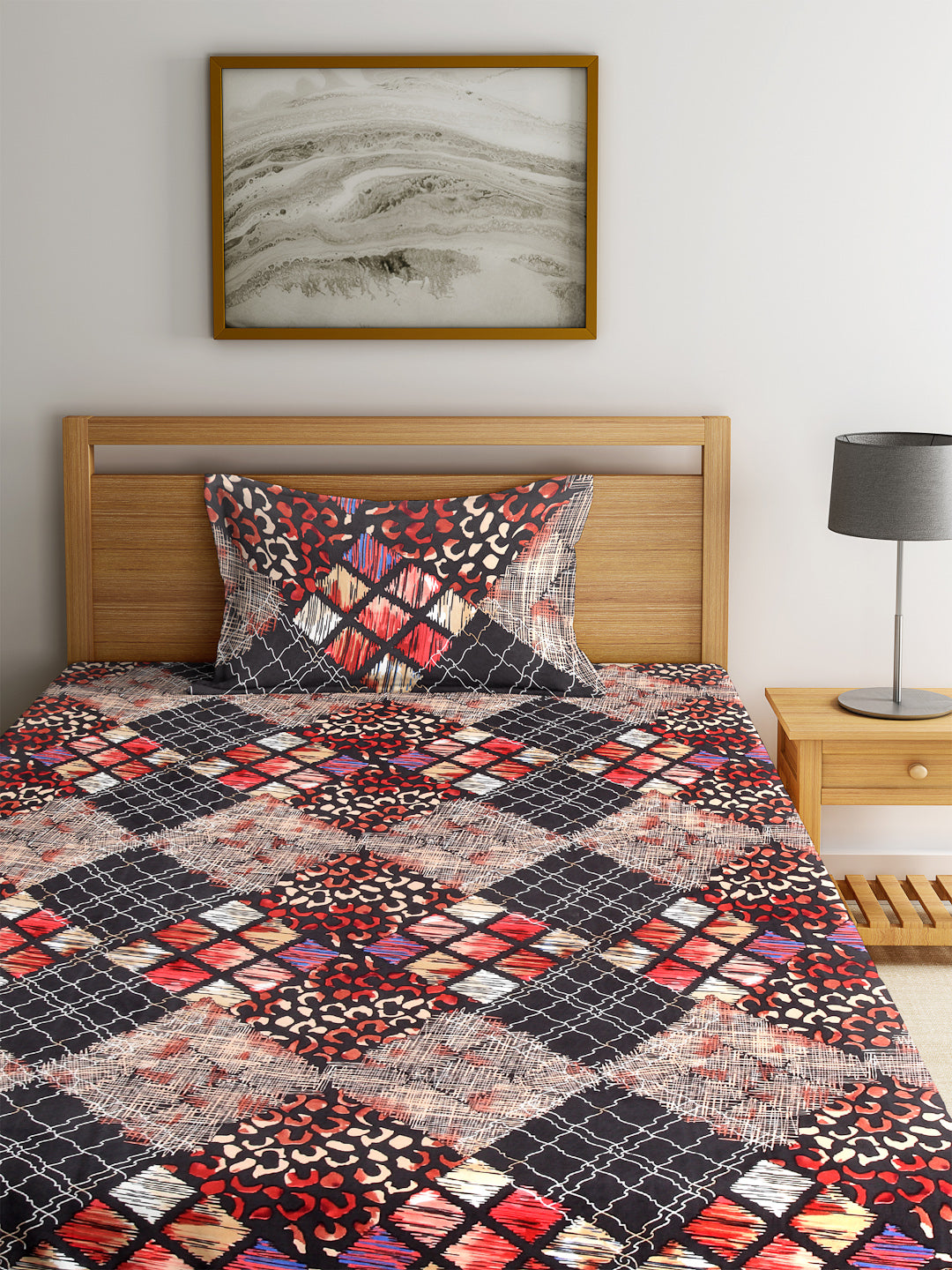 Arrabi Multi Geometric TC Cotton Blend  Single Size Bedsheet with 1 Pillow Cover (220 X 150 cm)