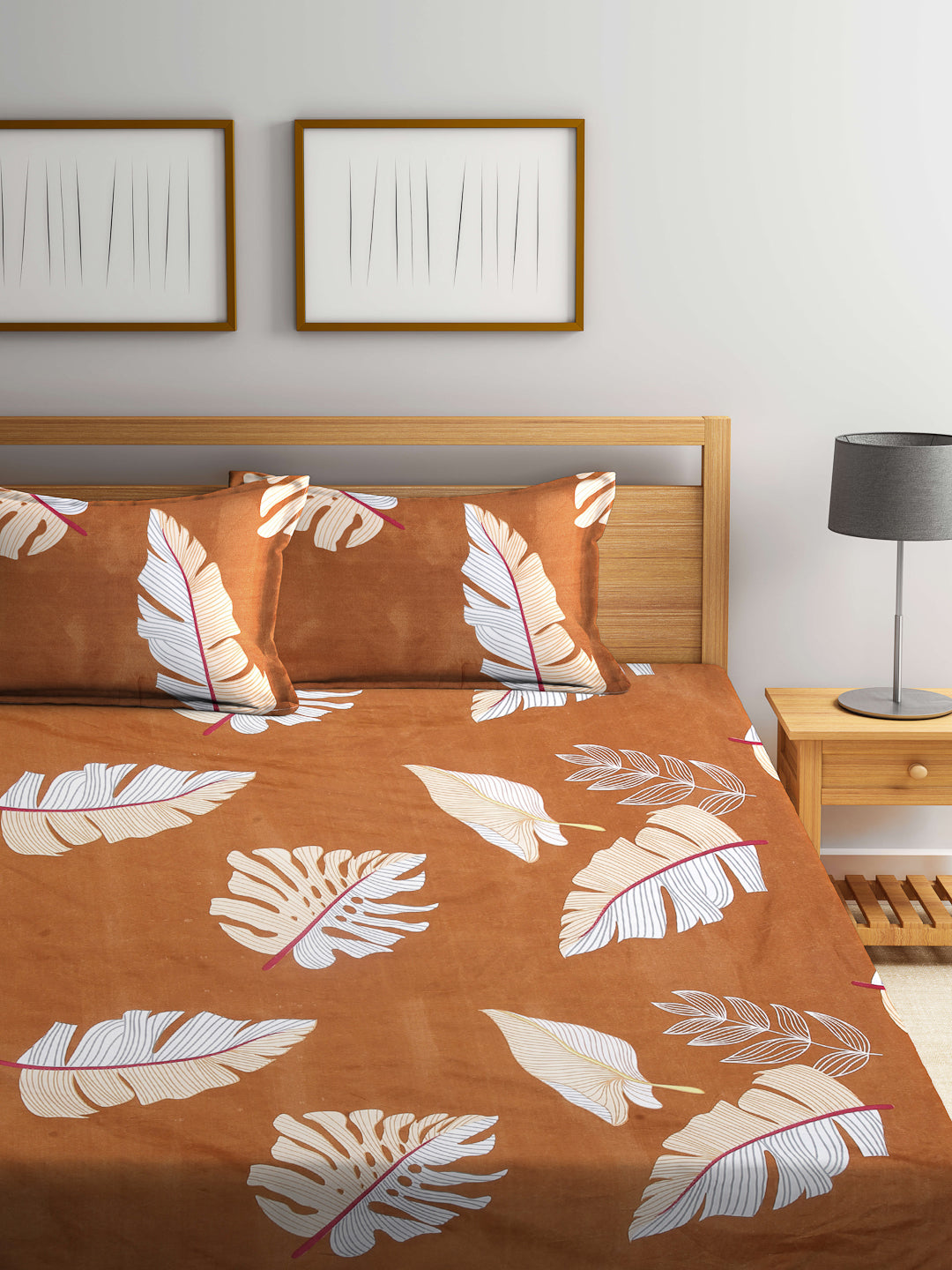 Arrabi Brown Leaf TC Cotton Blend Double Size Bedsheet with 2 Pillow Covers (250 x 215 cm)