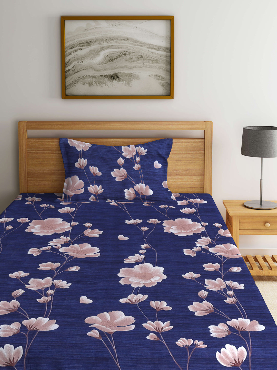 Arrabi Blue Floral TC Cotton Blend Single Size Bedsheet with 1 Pillow Cover (220 X 150 cm)
