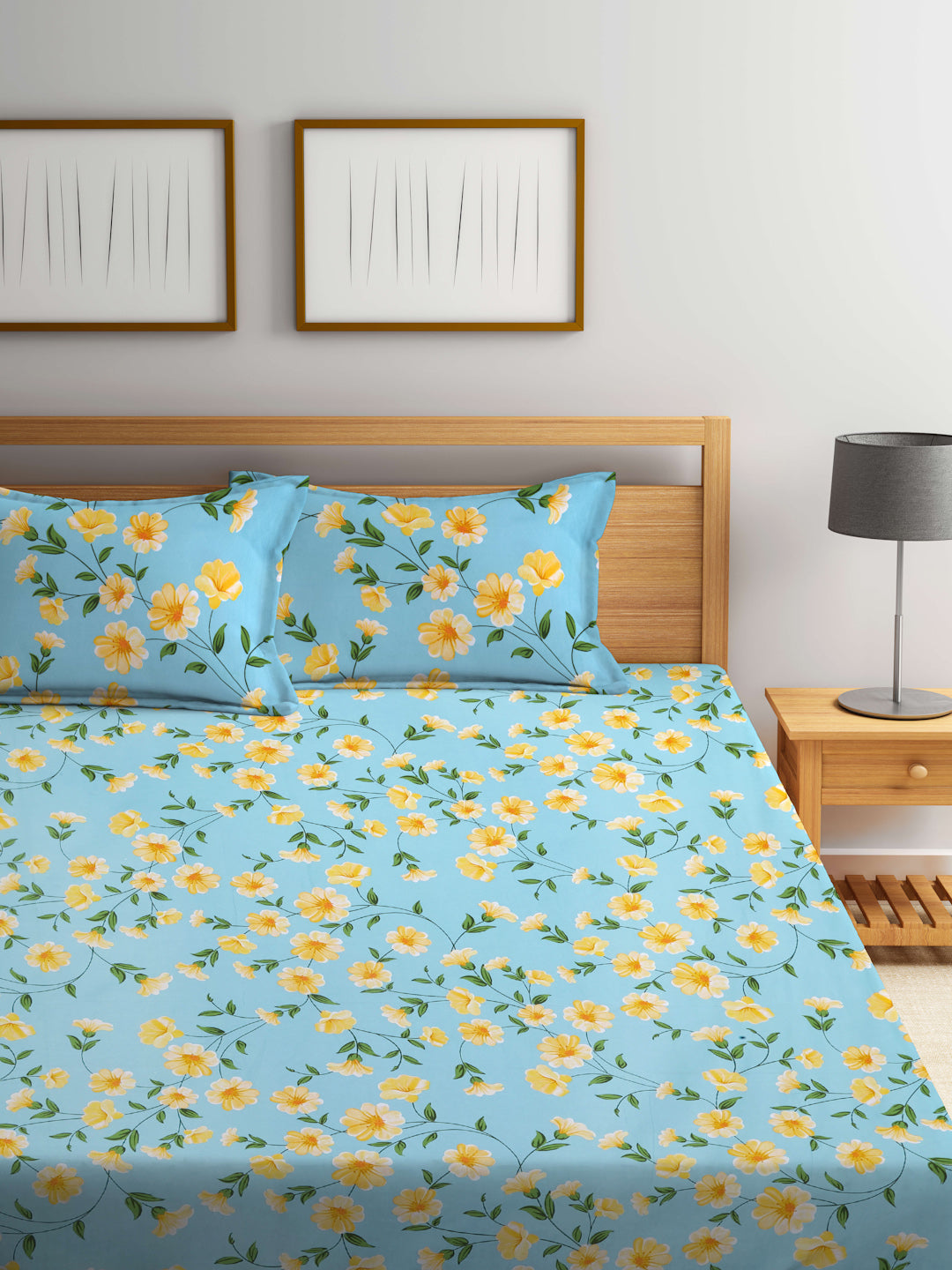 Arrabi Teal Floral TC Cotton Blend King Size Fitted Bedsheet with 2 Pillow Covers(250 X 215 Cm )