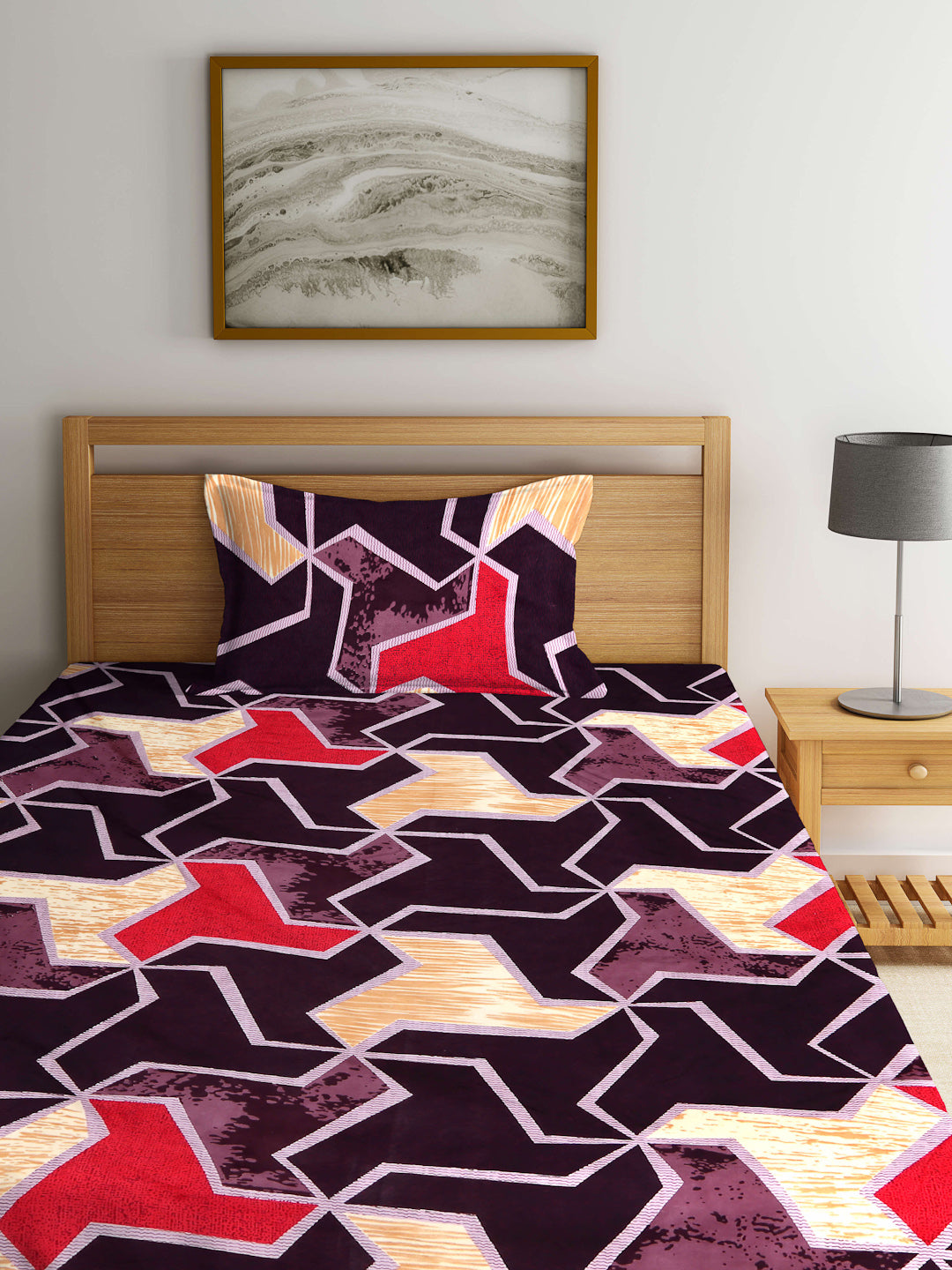 Arrabi Brown Abstract TC Cotton Blend Single Size Fitted Bedsheet with 1 Pillow Cover (220 X 150 cm)