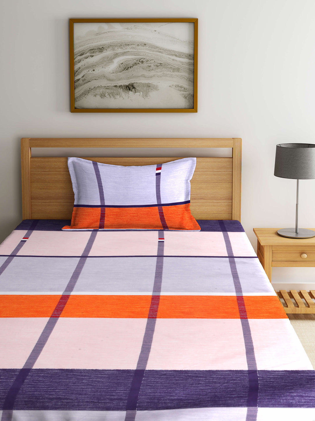 Arrabi Multi Geometric TC Cotton Blend Single Size Fitted Bedsheet with 1 Pillow Cover (220 X 150 cm)
