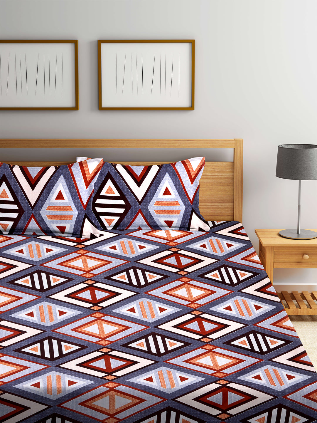 Arrabi Multi Geometric TC Cotton Blend Double Size Fitted Bedsheet with 2 Pillow Covers (250 X 220 cm)