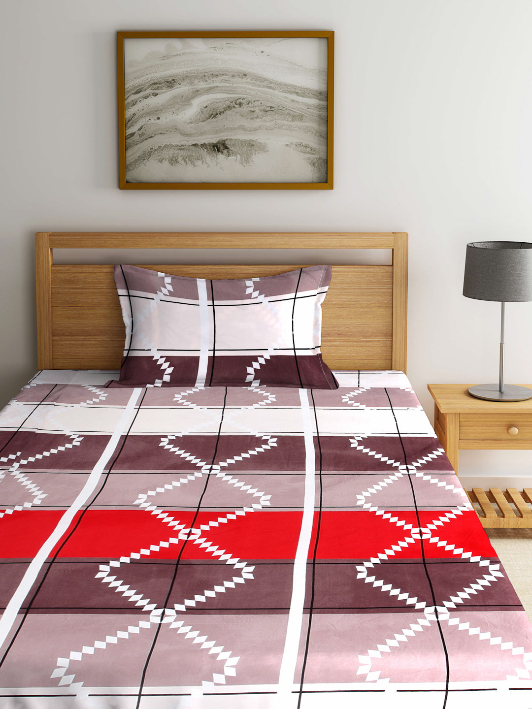Arrabi Multi Geometric TC Cotton Blend Single Size Fitted Bedsheet with 1 Pillow Cover (220 X 150 cm)