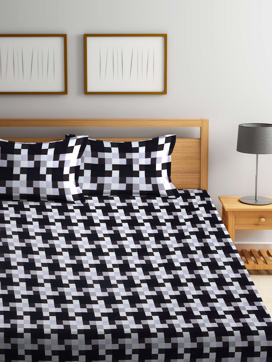 Arrabi Black Graphic TC Cotton Blend King Size Bedsheet with 2 Pillow Covers (250 X 215 cm)