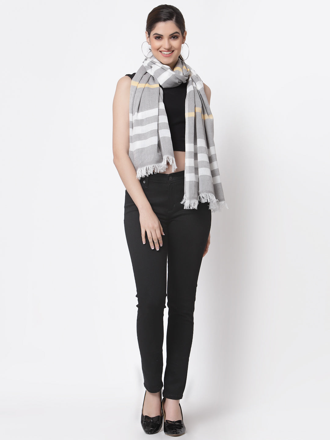 Arrabi Grey Stripes Handwoven Cotton Full Size Stole (185 x 85 cm)