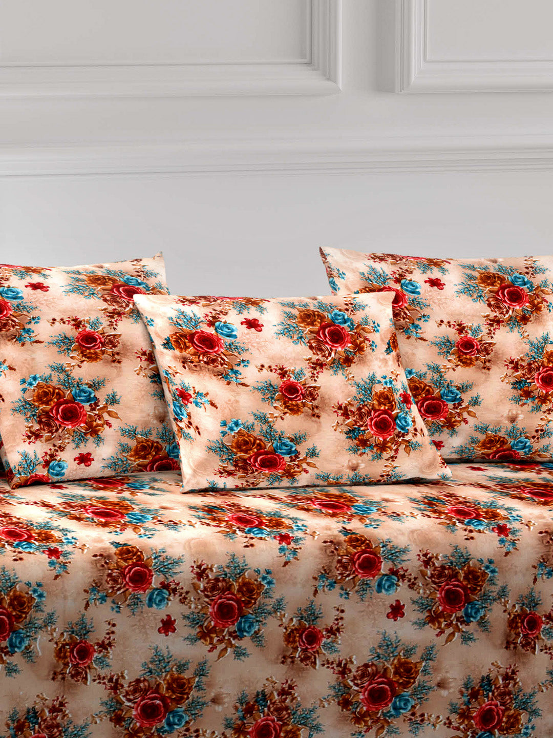 Arrabi Brown Set of 6 Floral Handwoven Chenille Diwan Set (225 x150 cm)