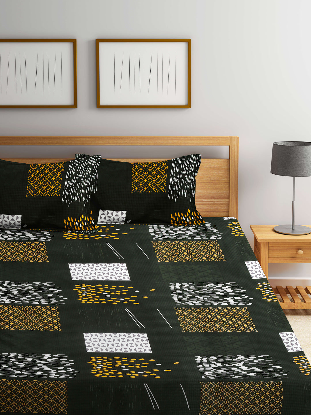 Arrabi Green Abstract TC Cotton Blend King Size Bedsheet with 2 Pillow Covers (250 X 220 cm)