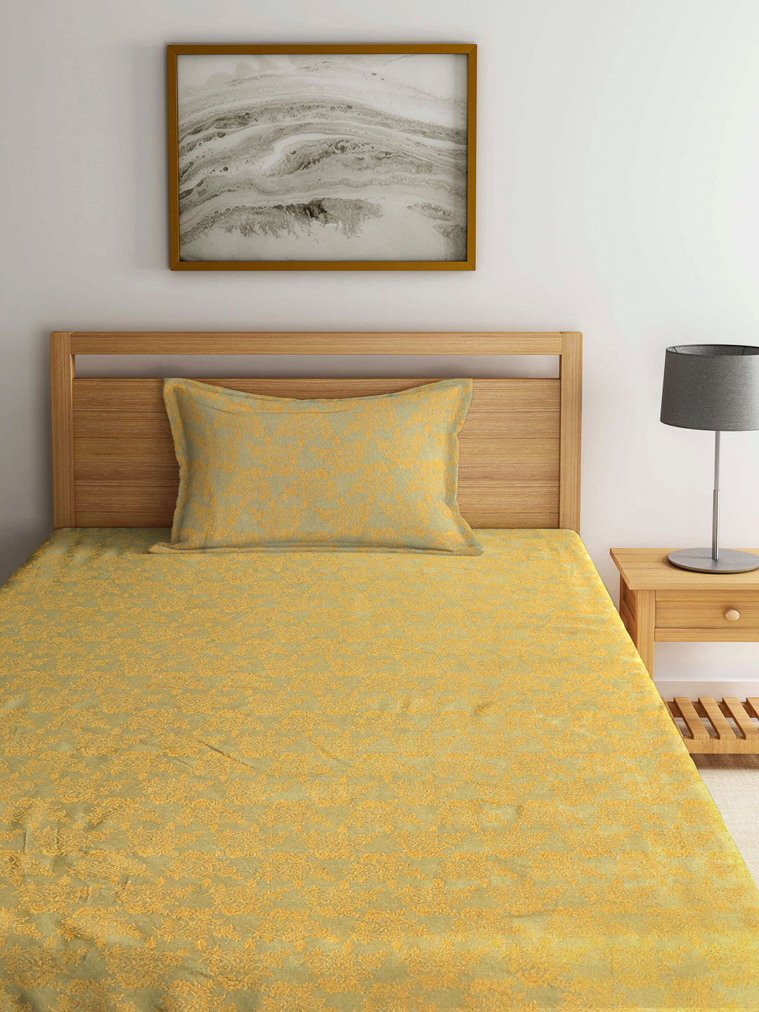 Arrabi Yellow Floral Handwoven Cotton Single Size Bedsheet with 1 Pillow Cover ( 225 X 150 cm)