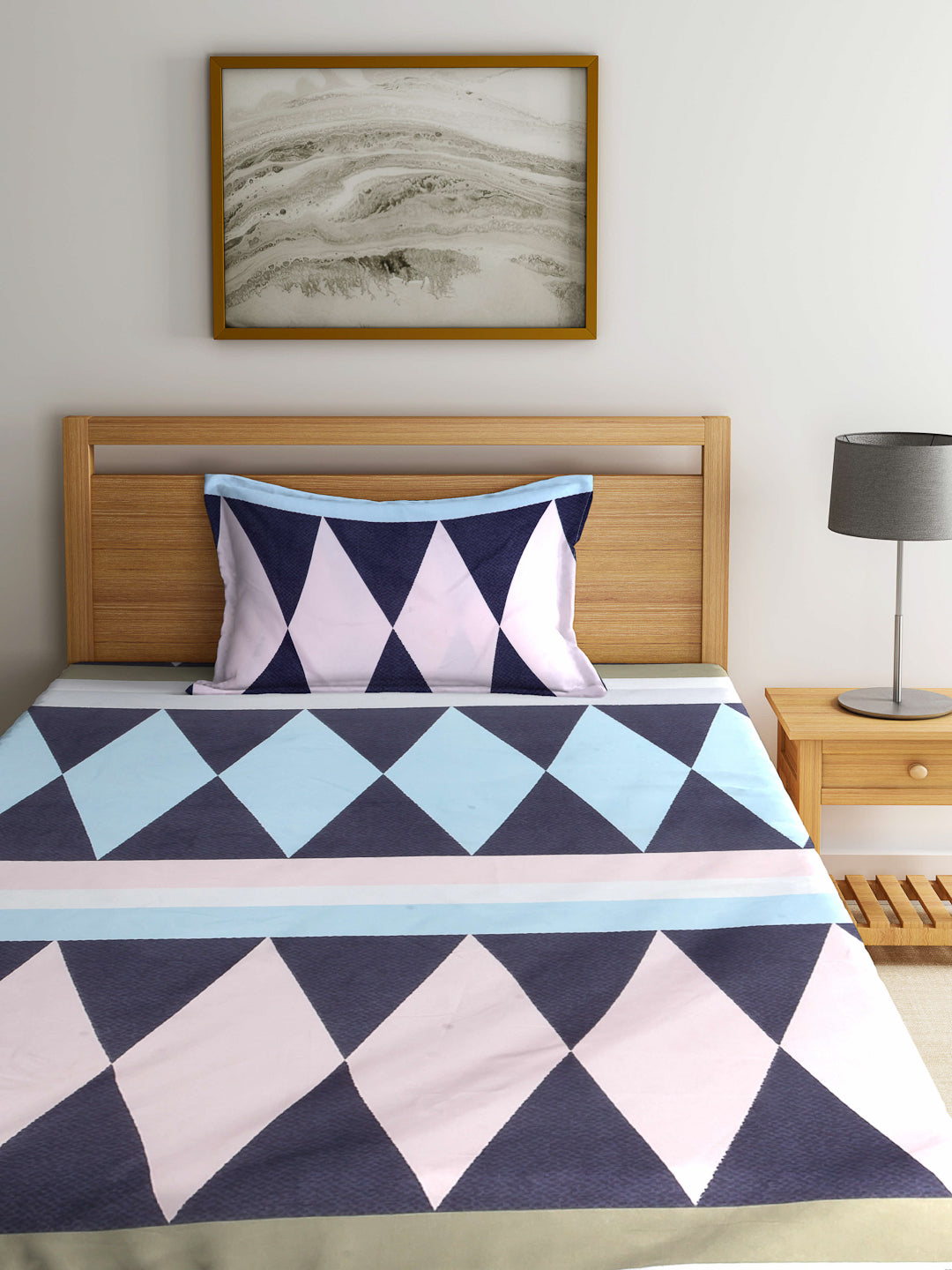 Arrabi Multi Geometric TC Cotton Blend Single Size Fitted Bedsheet with 1 Pillow Cover (220 X 150 cm)