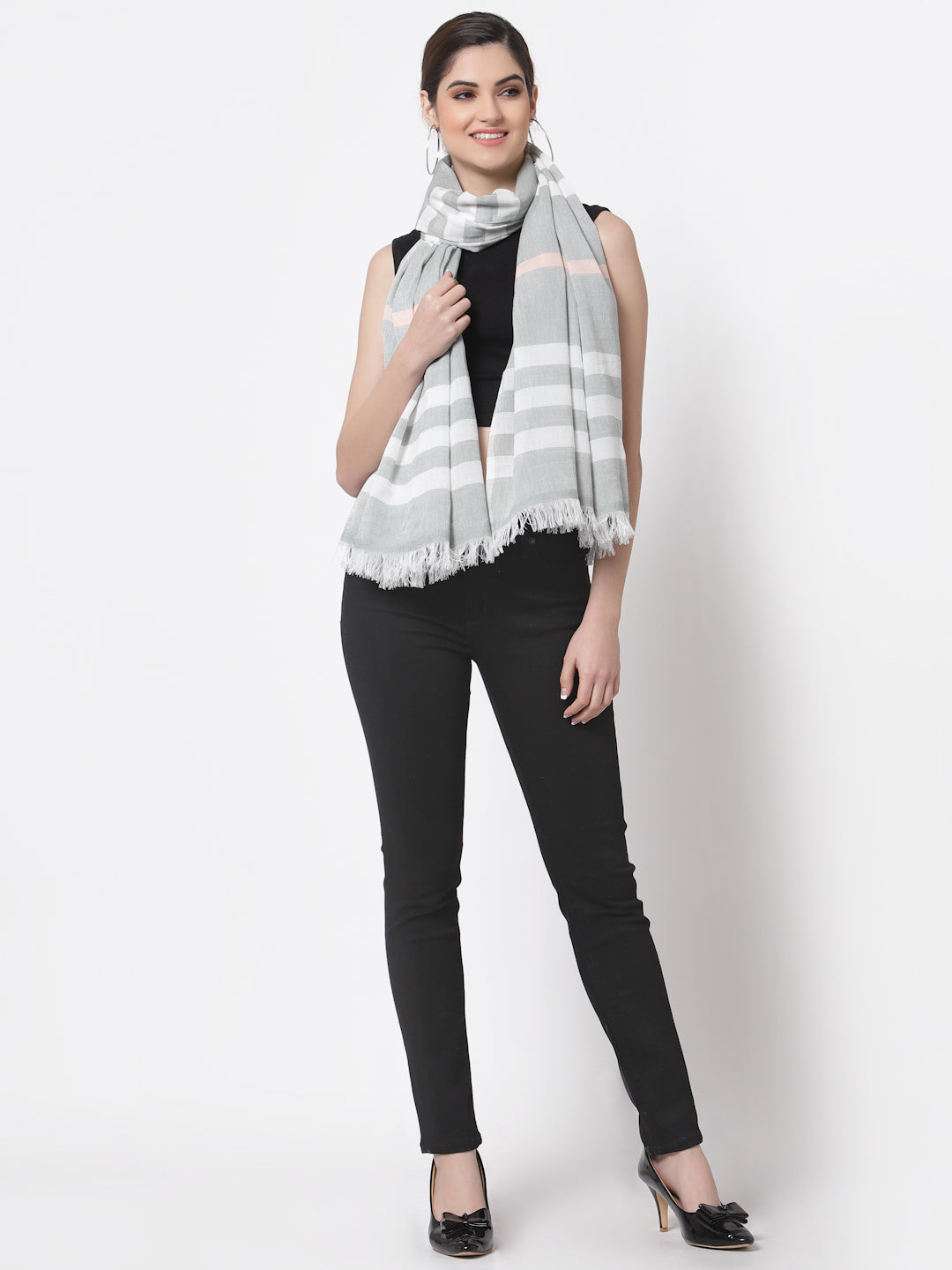 Arrabi Grey Stripes Handwoven Cotton Full Size Stole (185 x 85 cm)