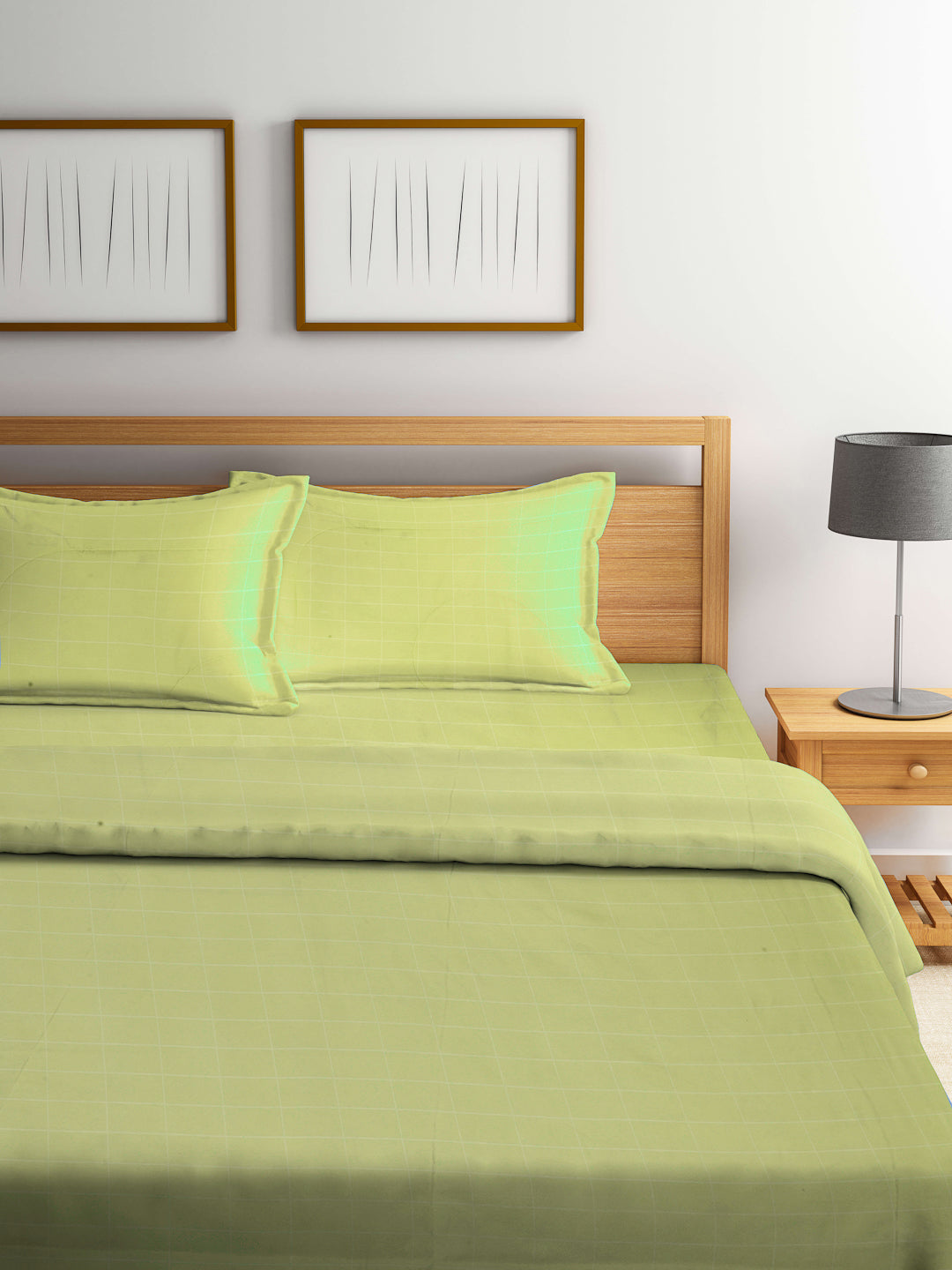 Arrabi Green Check TC Cotton Blend Double Size Comforter Bedding Set with 2 Pillow Cover