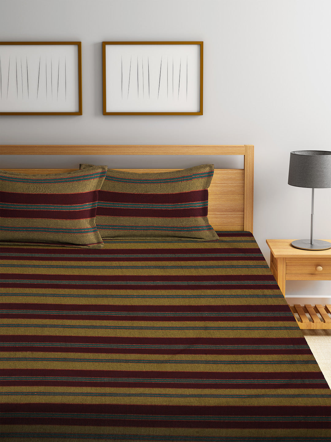 Arrabi Brown & Green Striped Handwoven Cotton Double King Size Bedsheet with 2 Pillow Covers (260 x 260 cm)