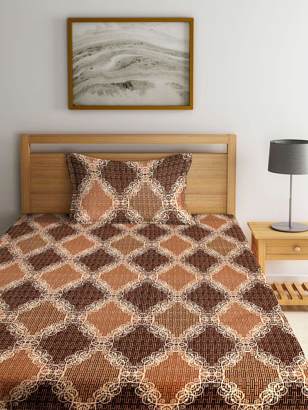 Arrabi Brown Abstract TC Cotton Blend Single Size Fitted Bedsheet with 1 Pillow Cover (220 X 150 cm)