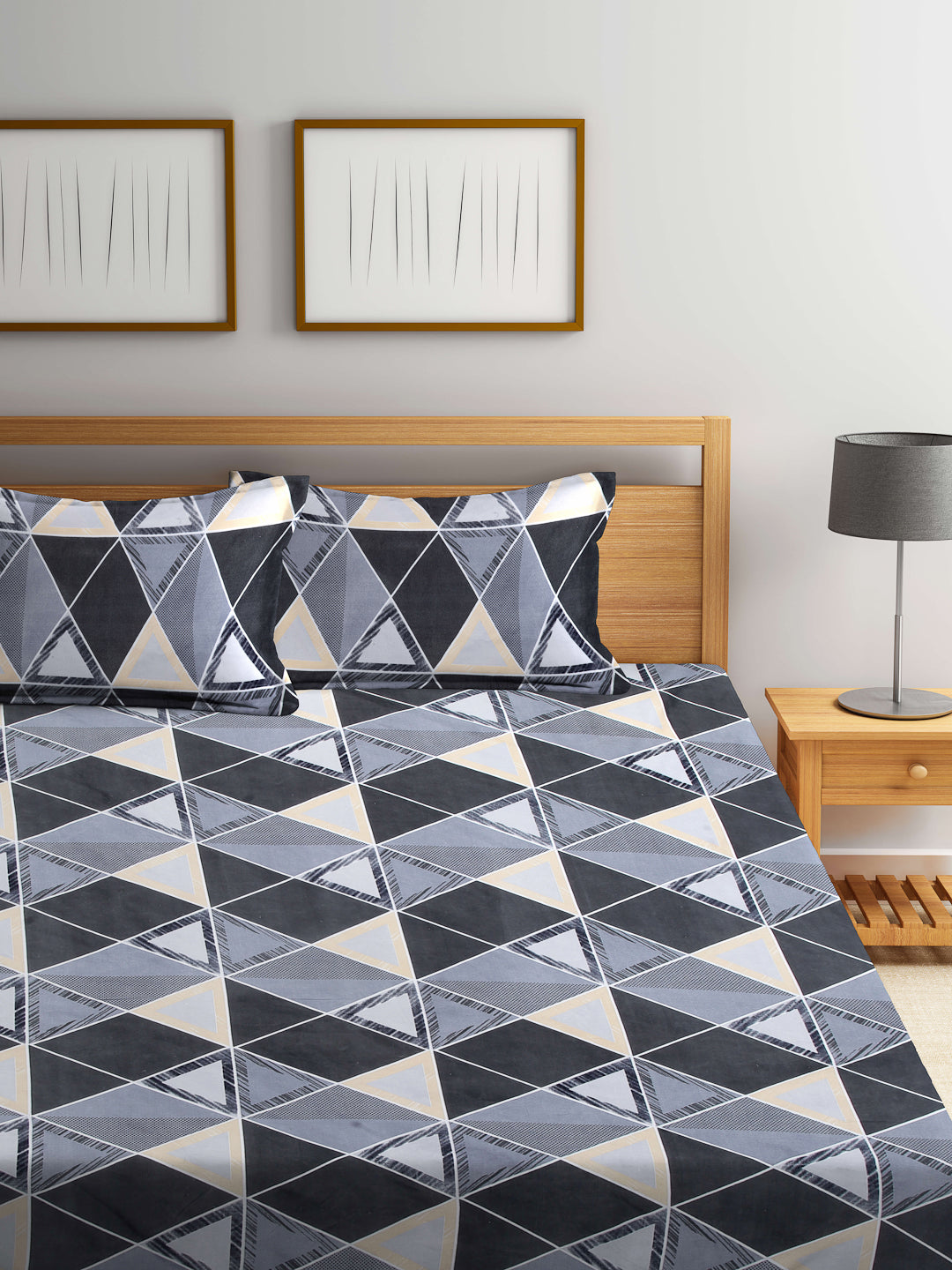Arrabi Grey Geometric TC Cotton Blend Double Size Bedsheet with 2 Pillow Covers (250 x 215 cm)