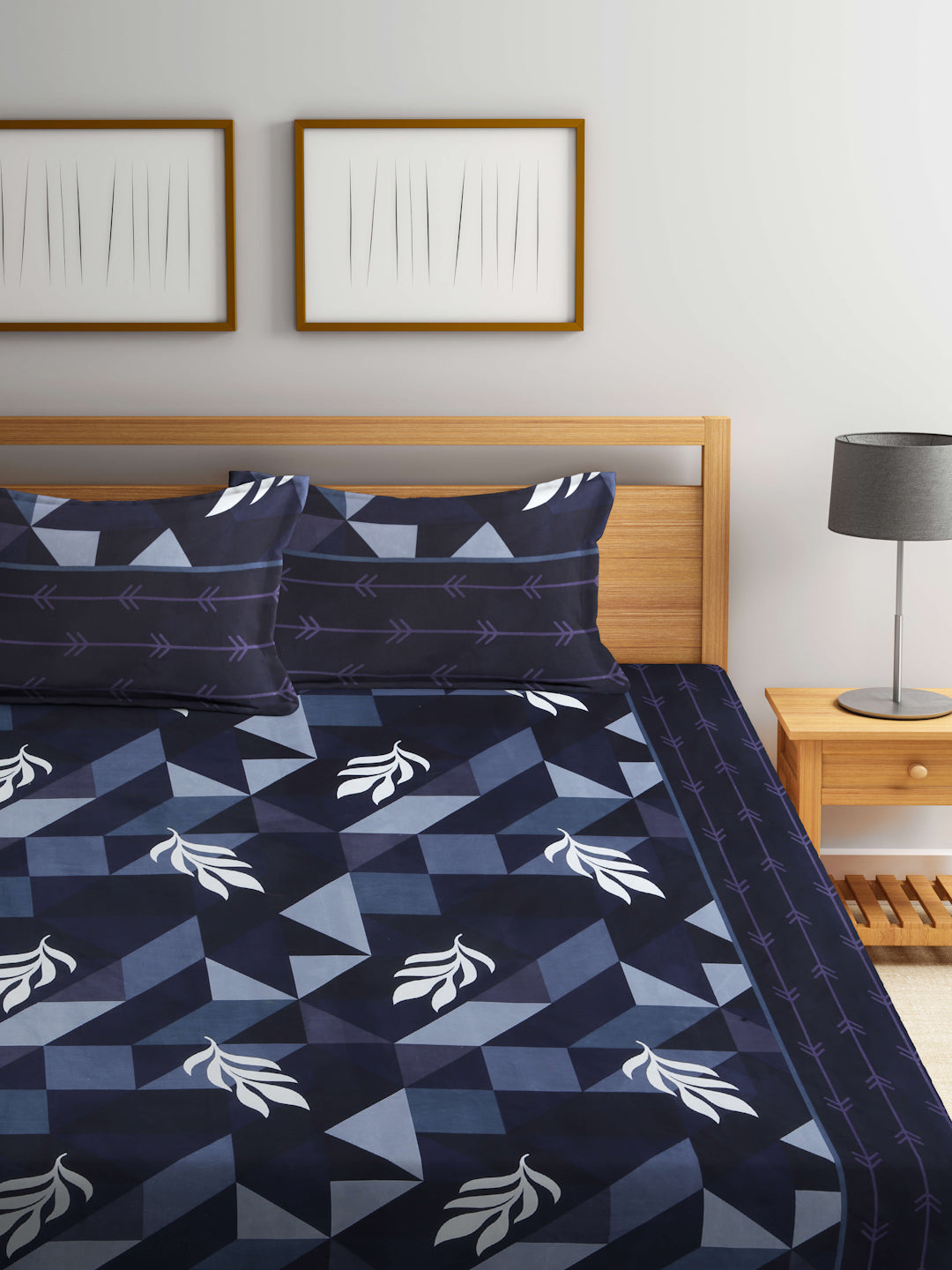 Arrabi Blue Geometric TC Cotton Blend King Size Bedsheet with 2 Pillow Covers (250 X 215 cm)