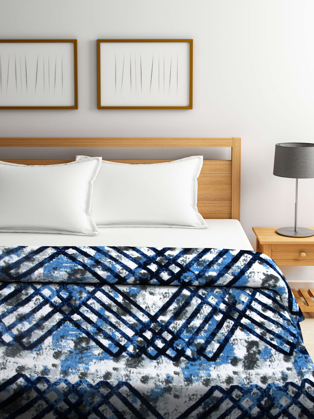 Arrabi Blue Checks Wool Blend 900 GSM Full Size Double Bed Blanket (230 X 200 cm)
