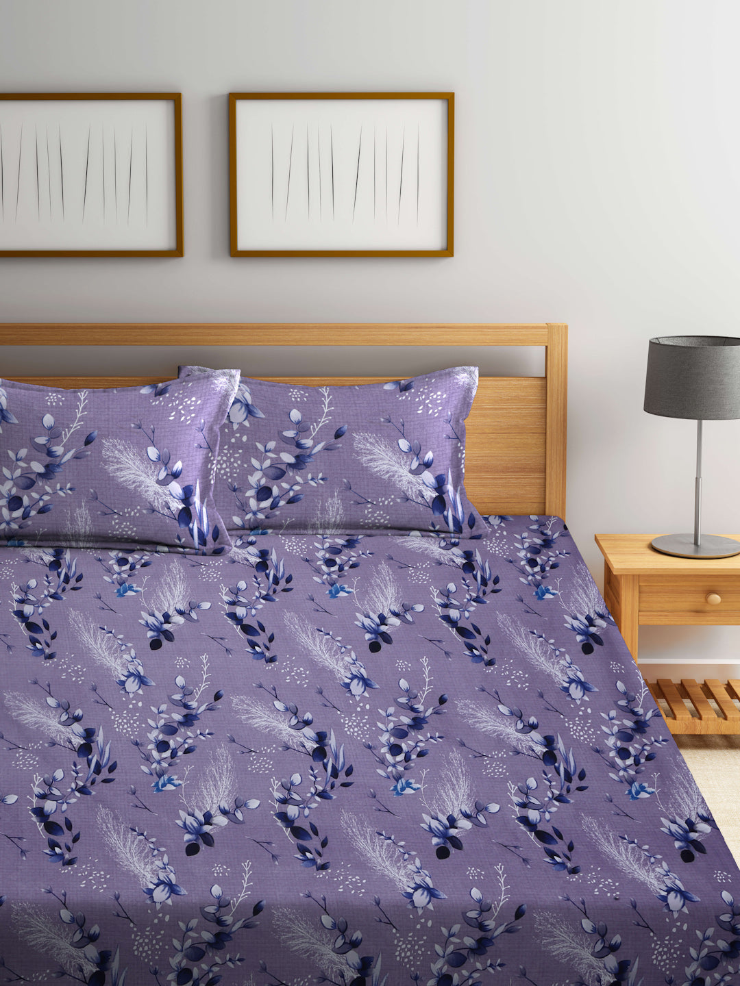 Arrabi Grey Floral TC Cotton Blend King Size Bedsheet with 2 Pillow Covers (250 X 215 cm)