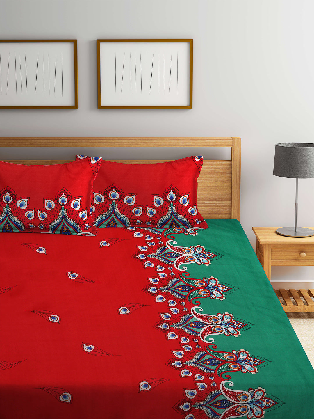 Arrabi Multi Indian TC Cotton Blend Double Size Bedsheet with 2 Pillow Cover