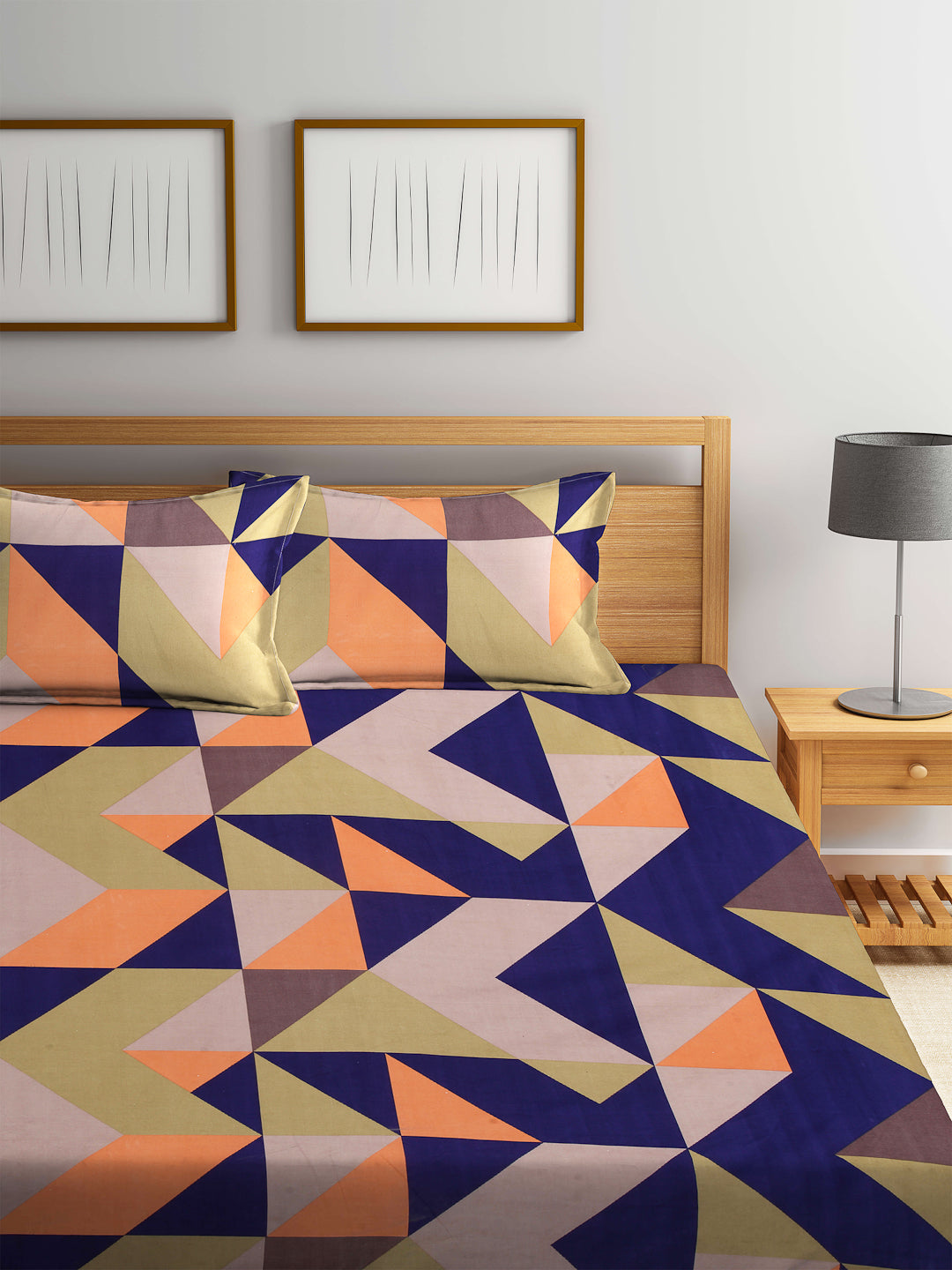 Arrabi Multi Geometric TC Cotton Blend Double Size Bedsheet with 2 Pillow Cover