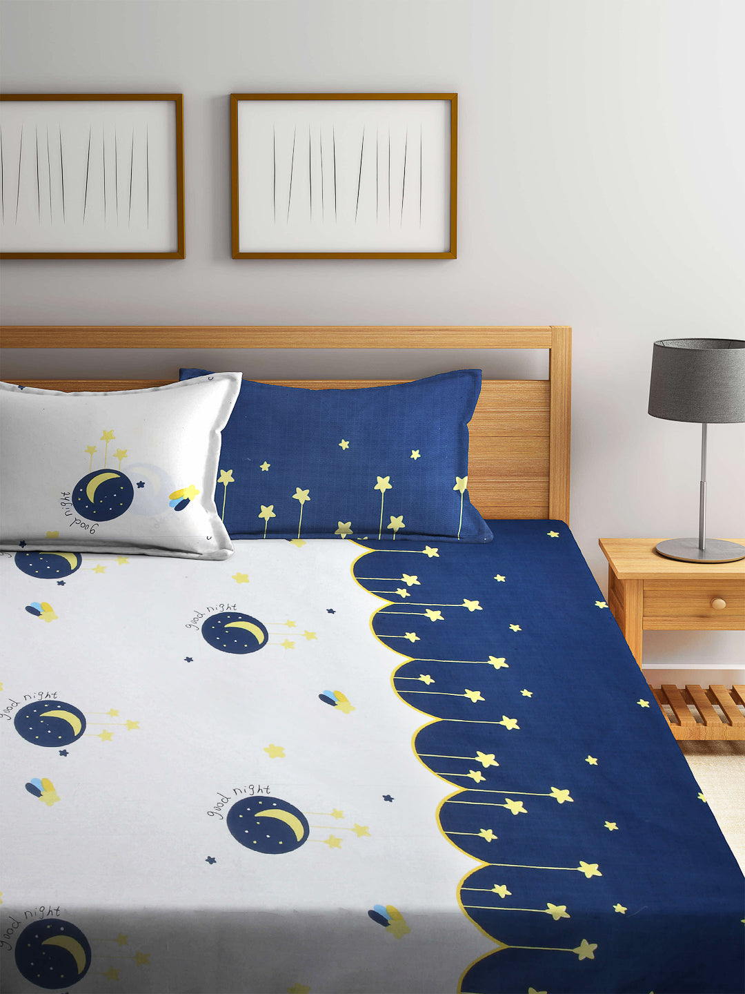 Arrabi Blue Graphic TC Cotton Blend Double Size Bedsheet with 2 Pillow Cover (250 x 225 cm)