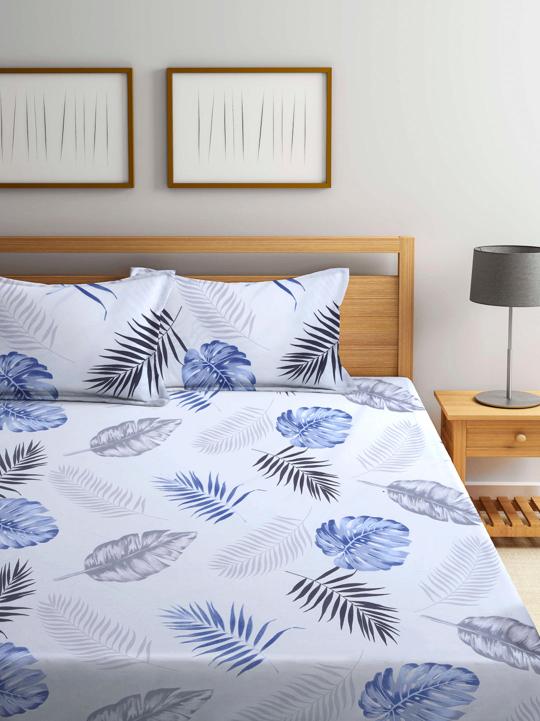 Arrabi White Leaf TC Cotton Blend Double Size Bedsheet with 2 Pillow Covers