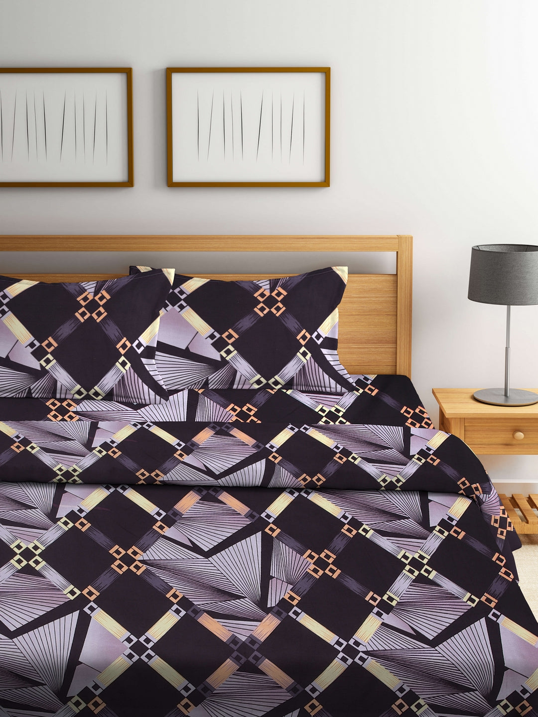 Arrabi Brown Geometric TC Cotton Blend Double Size Comforter Bedding Set with 2 Pillow Cover