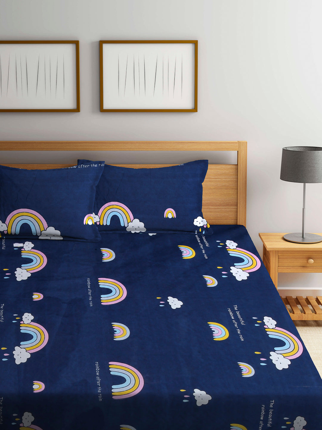 Arrabi Blue Cartoon TC Cotton Blend Double Size Bedsheet with 2 Pillow Cover