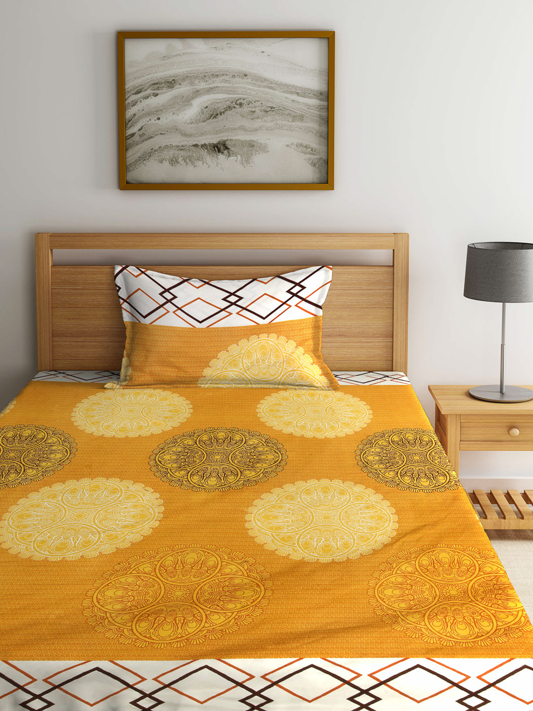Arrabi Yellow Indian TC Cotton Blend Single Size Fitted Bedsheet with 1 Pillow Cover (220 X 150 cm)