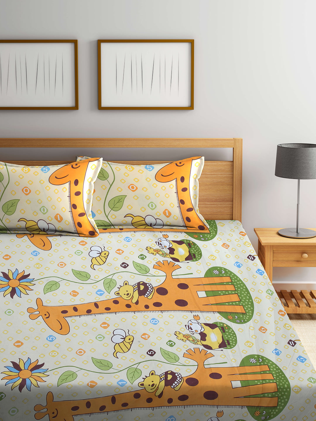 Arrabi Multi Cartoon TC Cotton Blend Double Size Bedsheet with 2 Pillow Covers (250 x 215 cm)