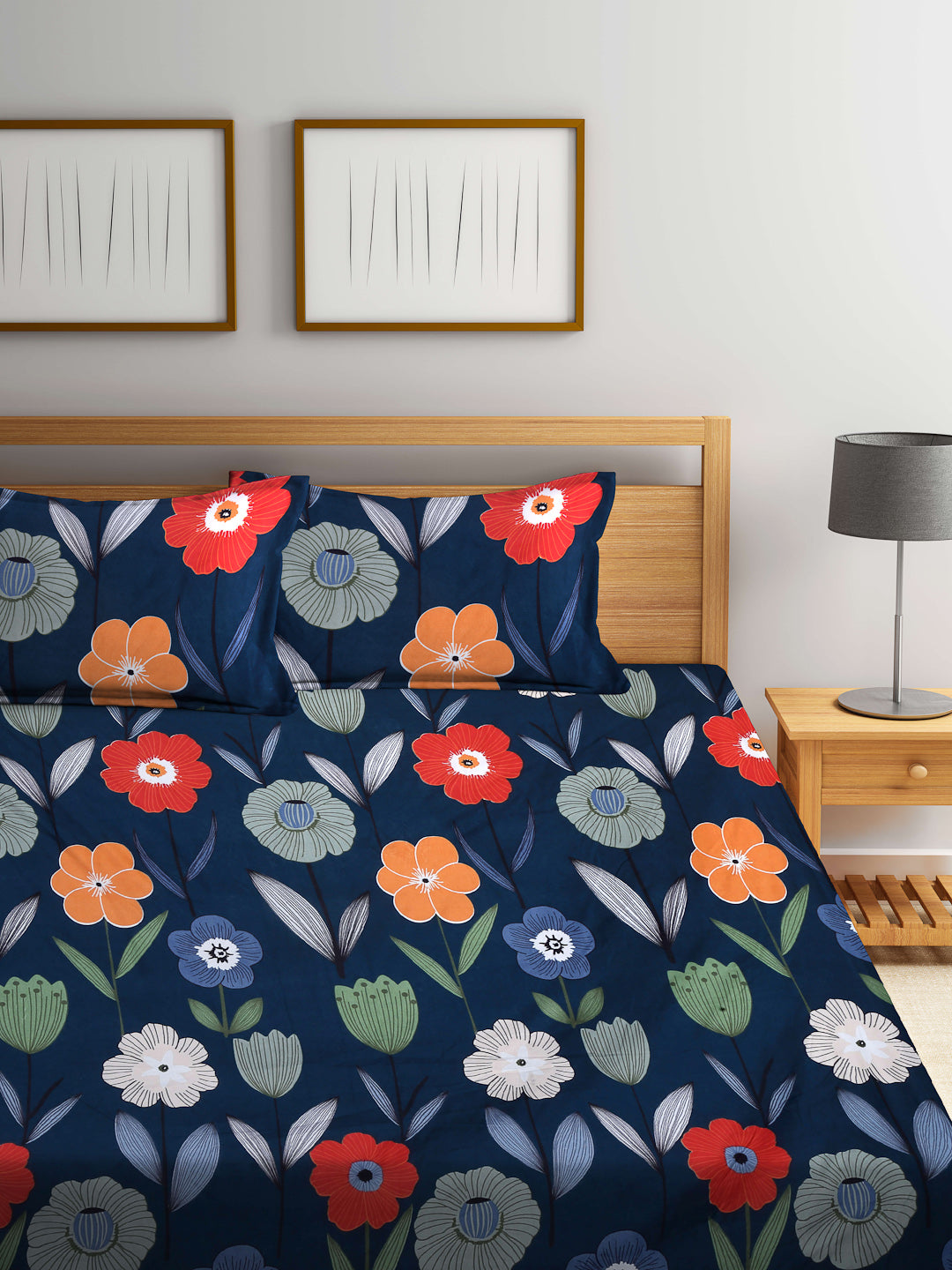 Arrabi Green Floral TC Cotton Blend King Size Bedsheet with 2 Pillow Covers (250 X 215 cm)