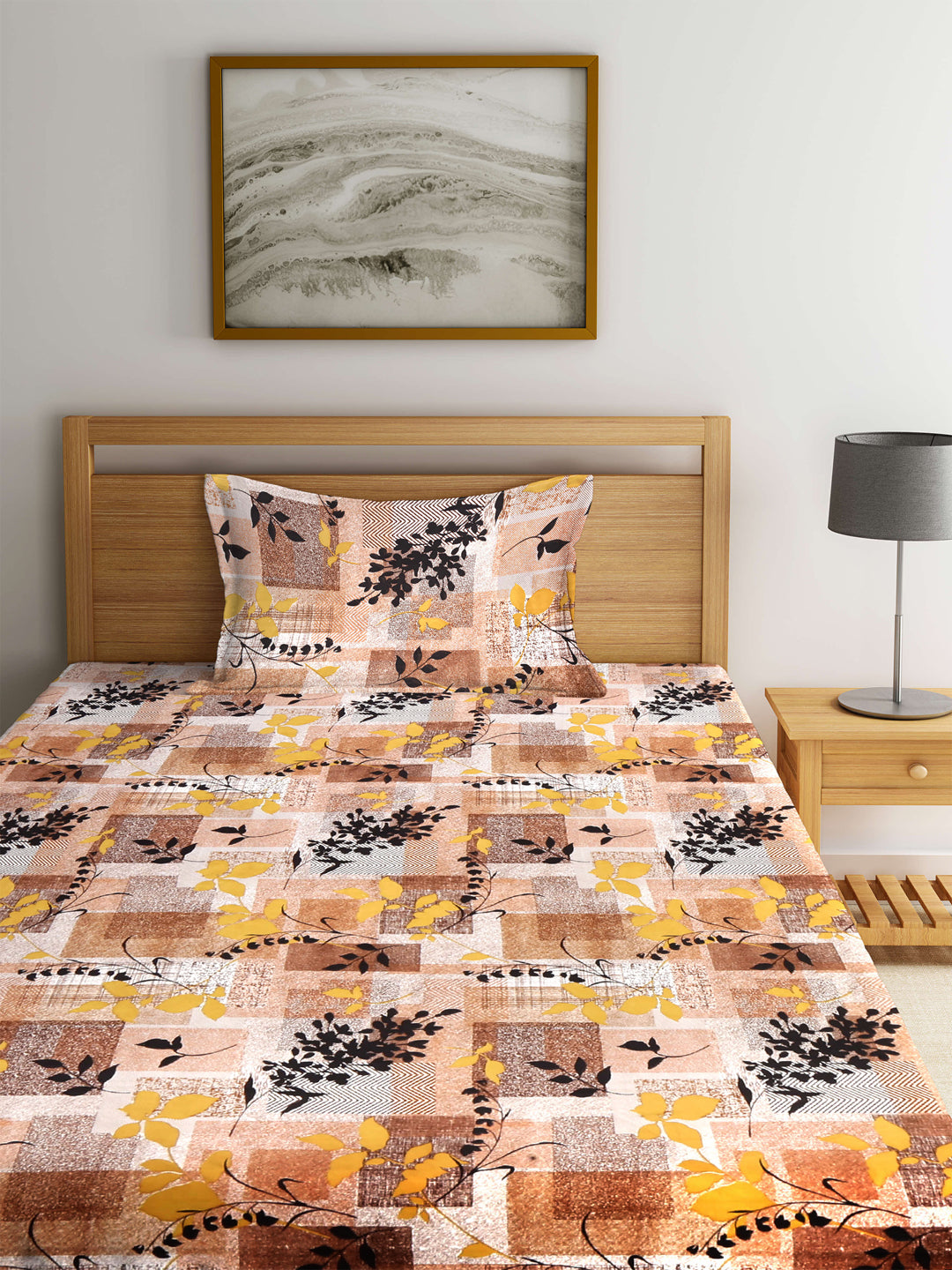 Arrabi Brown Floral TC Cotton Blend Single Size Fitted Bedsheet with 1 Pillow Cover (220 X 150 cm)