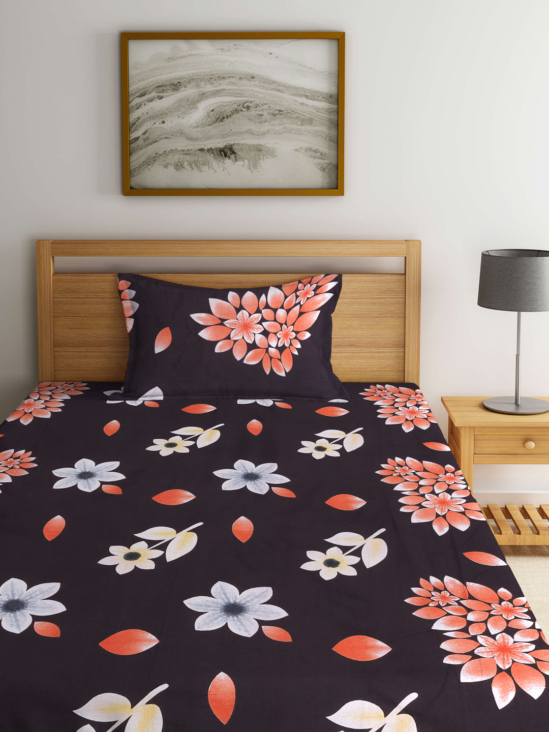 Arrabi Brown Floral TC Cotton Blend Single Size Bedsheet with 1 Pillow Cover (220 X 150 cm)