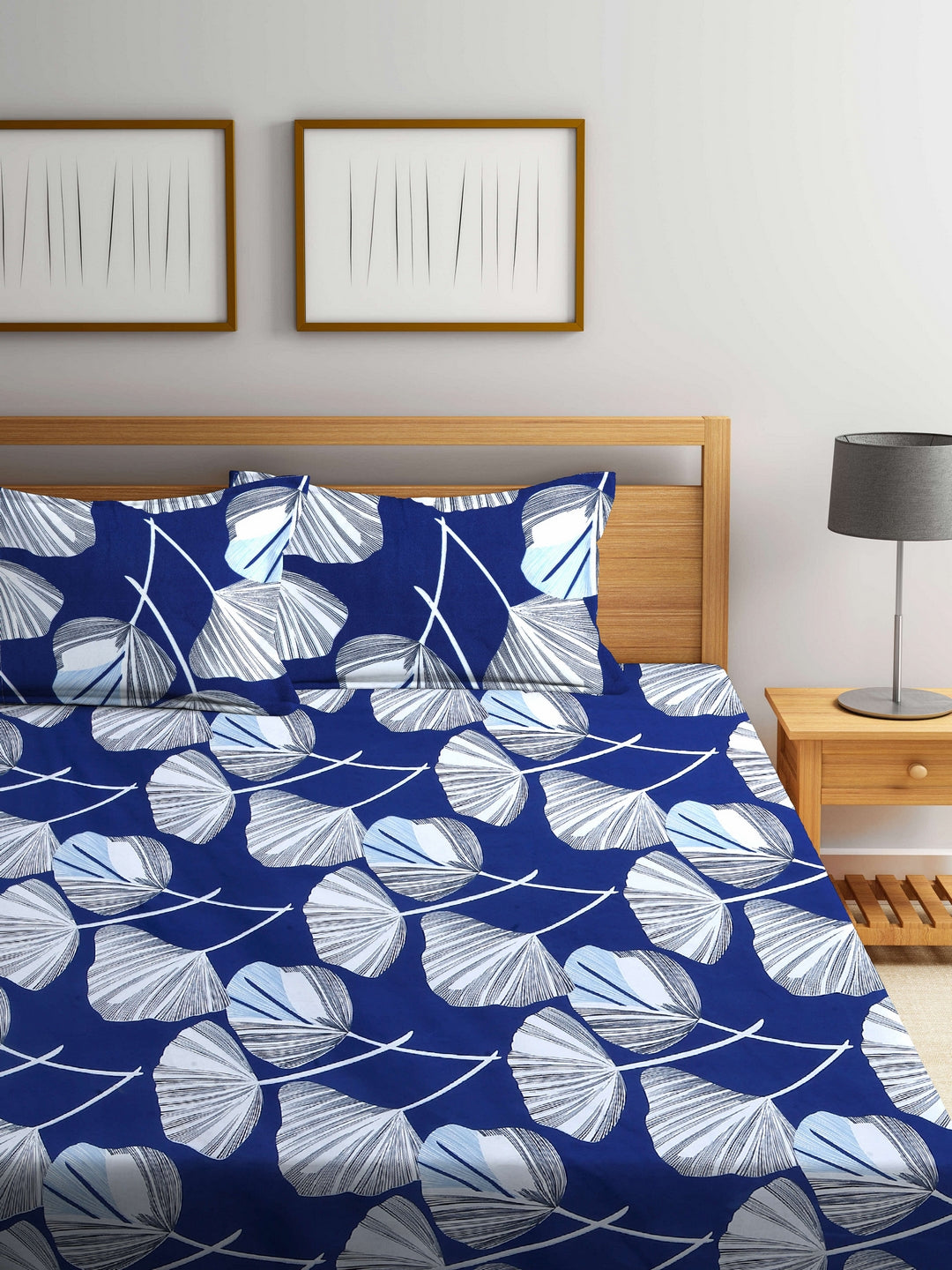 Arrabi Blue Floral TC Cotton Blend Double Size Bedsheet with 2 Pillow Covers (250 X 220 Cm)