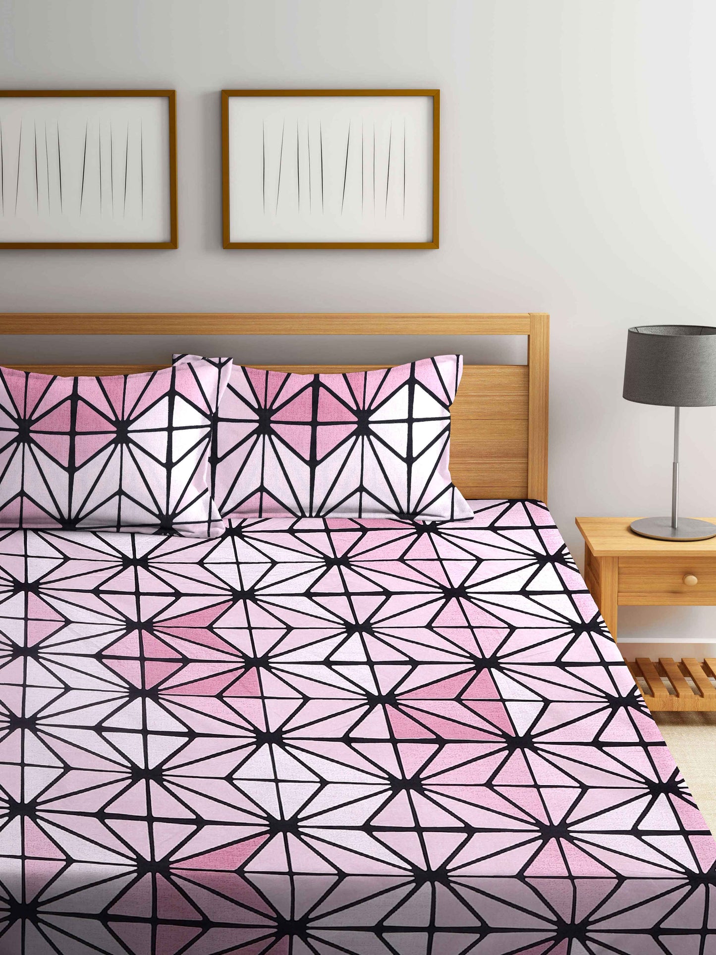 Arrabi Pink Graphic TC Cotton Blend Super King Size Fitted Bedsheet with 2 Pillow Covers (260 X 260 Cm )