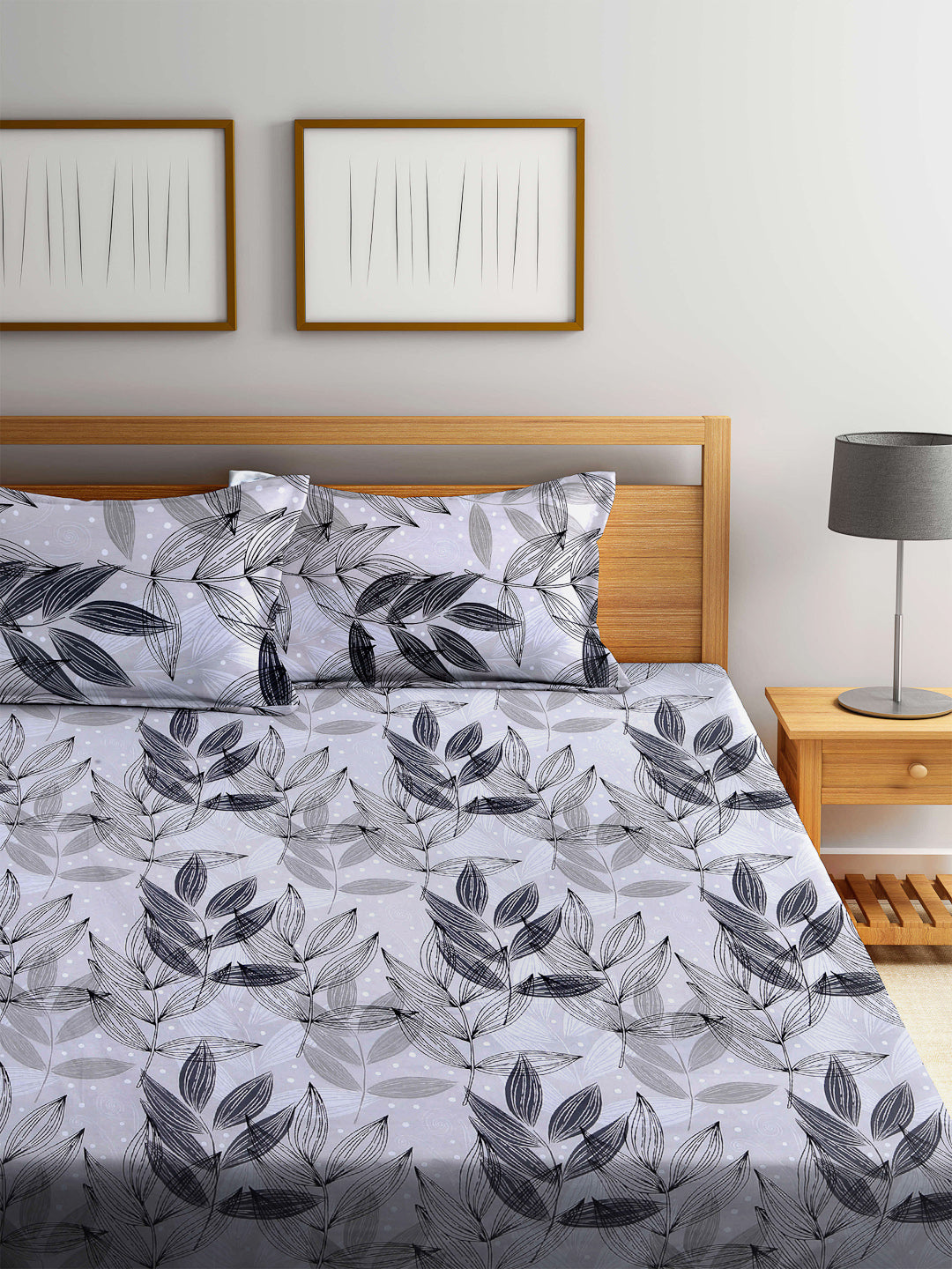 Arrabi Grey Leaf 100% Cotton King Size Double Bedsheet with 2 Pillow Covers (250 X 215 cm)